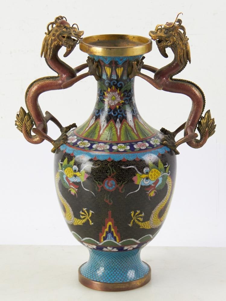 Chinese Republic Period Cloisonne Enameled Vase: Chinese Republic period cloisonne enameled vase with dragon handles, 13" H x 10". Provenance: Boxford, Massachusetts collection.