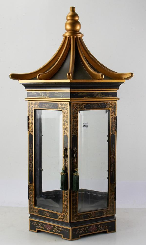 Asian Black and Gold Pagoda-Shape Curio Cabinet: Asian black and gold pagoda-shape curio cabinet, 40" H x 24" diameter. Provenance: Sherman Oaks, California collection.
