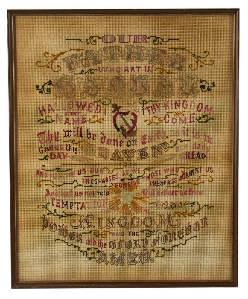 Victorian Era Needlework Sampler, The Lord's Prayer: Victorian era needlework sampler featuring the text of "The Lord's Prayer", framed 22" x 18". Provenance: Manchester, Massachusetts collection.