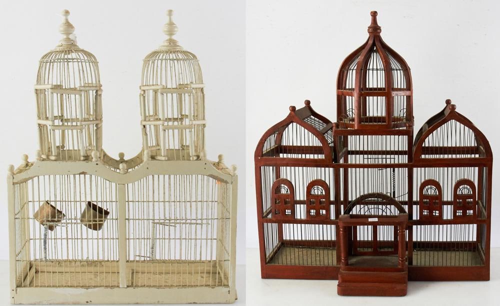 Two C1920s Bird Houses with Twin Towers Wood Design: Two bird houses with twin towers wood design, circa 1920s, 24" x 20", 30" x 27". Provenance: Somerville, Massachusetts collection.