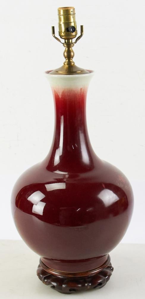 Chinese Ox-Blood Bulb Lamp: Chinese ox-blood bulb lamp, 22" H overall, vase 15" H x 9 1/2". Provenance: Hollywood, Florida collection.