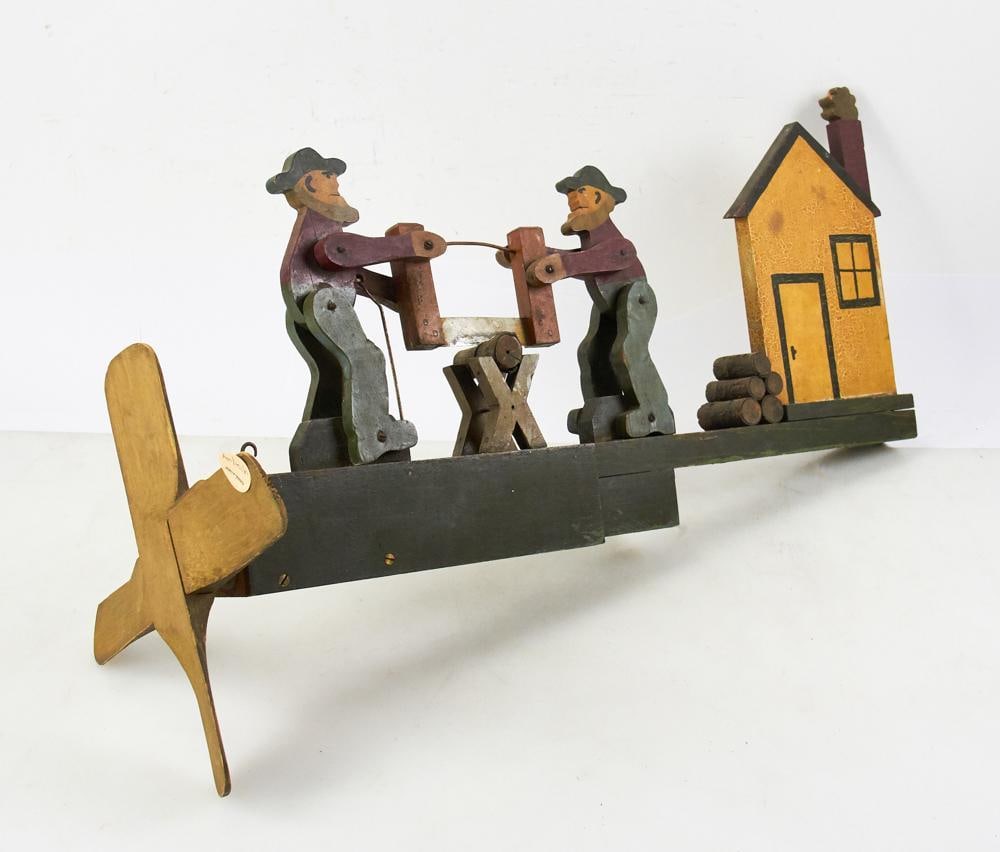 Folk Art Painted Wood Whirligig, Men Sawing Log (1 of 4)