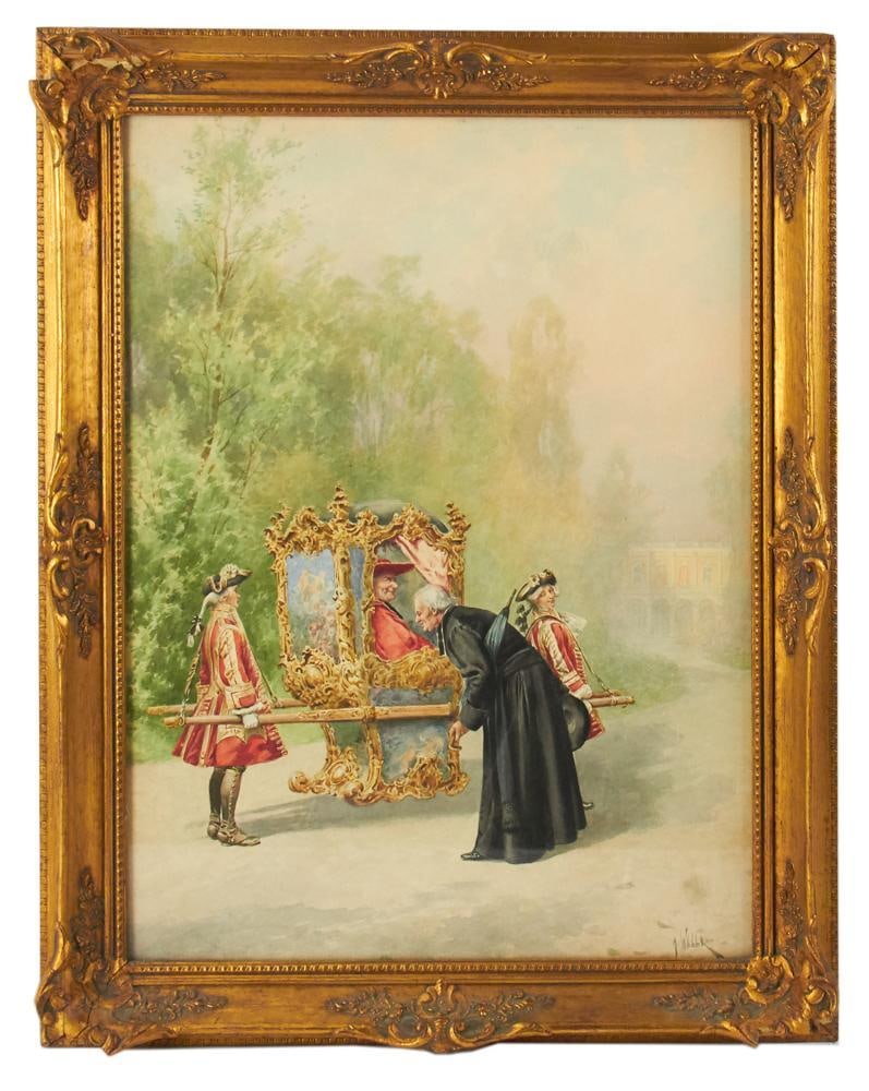 Alfred Weber, "Greeting the Cardinal", Watercolor: Alfred Weber, "Greeting the Cardinal", watercolor, Mutual Art, 19" x 14", framed 24" x 19". Provenance: Stoneham, Massachusetts collection.