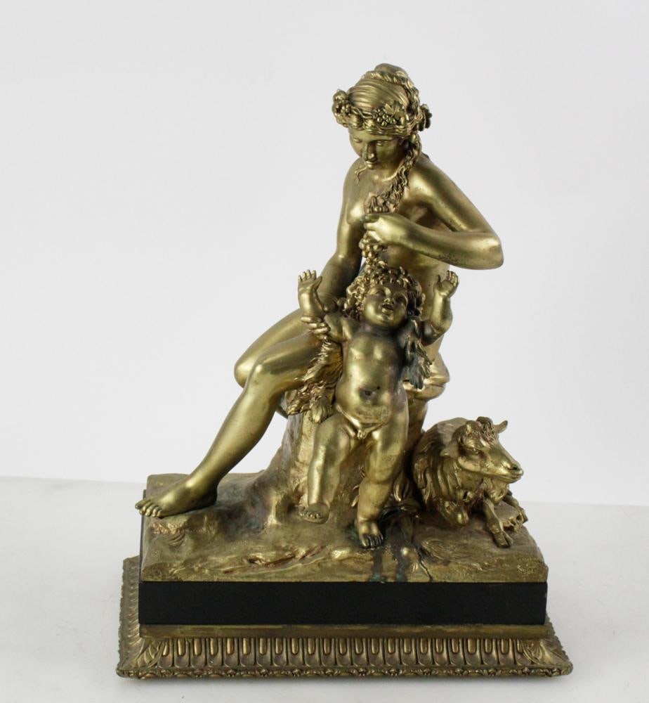 Bronze Sculpture of Woman, Child and Sheep: Bronze sculpture of woman and child with recumbent sheep, 14" H x 10 3/4" W x 6 1/4" D. Good condition showing minor finish wear only. Provenance: Southern Connecticut collection.