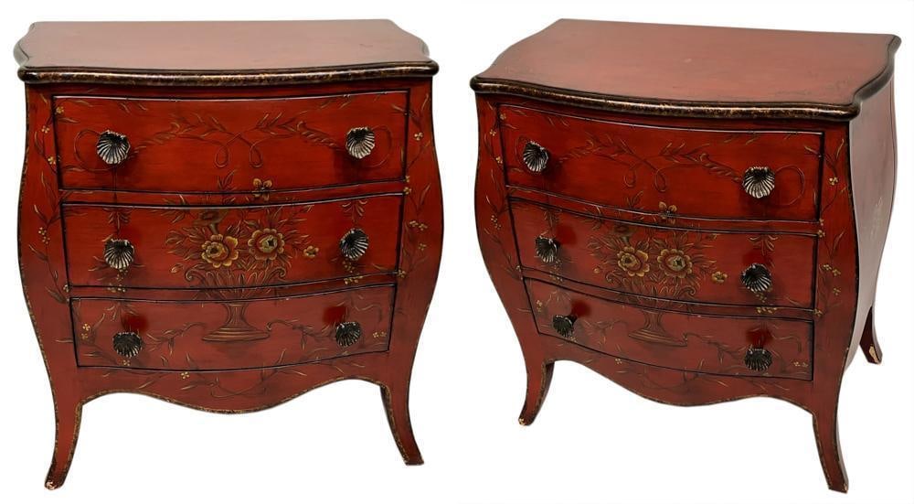 Pair of Red Paint-Decorated Chests: Pair of red paint-decorated chests, 32" H x 30" W x 10" D. Provenance: Palm Beach, Florida estate.