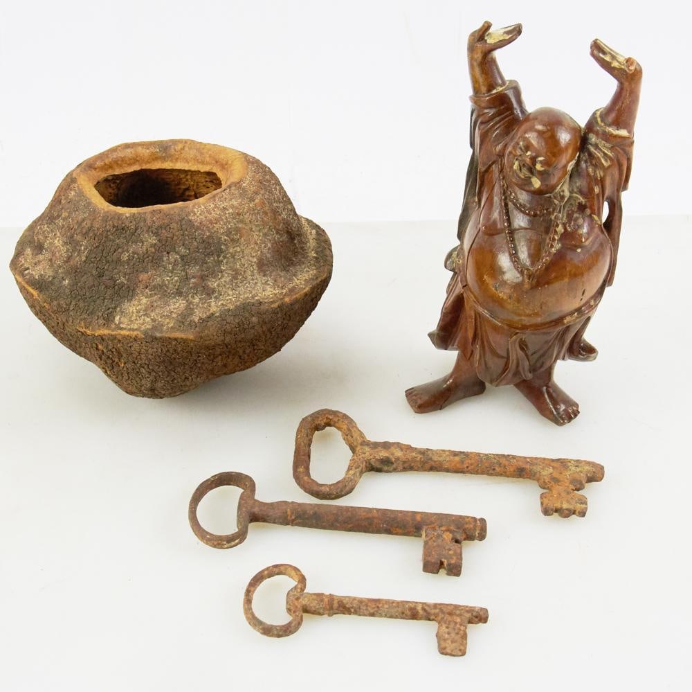 Old Buddha, Keys, Gourd: Old Buddha, keys, gourd. Provenance: Estate of David and Sarah Martin, Montecito, California.