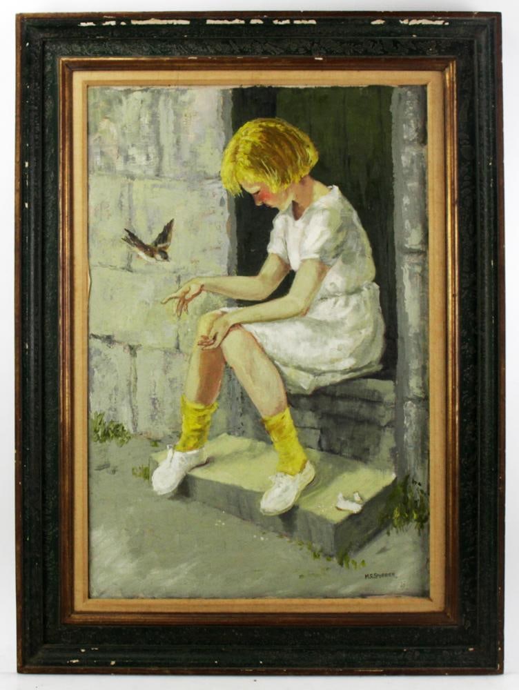 M.G. Spurrier, Portrait of Young Blonde Girl: M.G. Spurrier, portrait of a young blonde girl with bird, oil on canvas, signed, 30" x 20", framed 37" x 27". Provenance: Southern Connecticut collection.