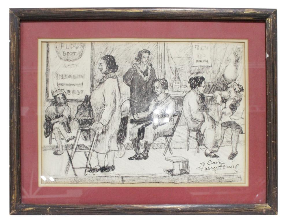 Harry Hering, Street Scene with Women, Etching/Print: Harry Hering, street scene with women and storefronts, etching/print, signed L/R, 12" x 17", framed 17" x 23". Provenance: Estate of Dalia Zikas, Melrose, Massachusetts.