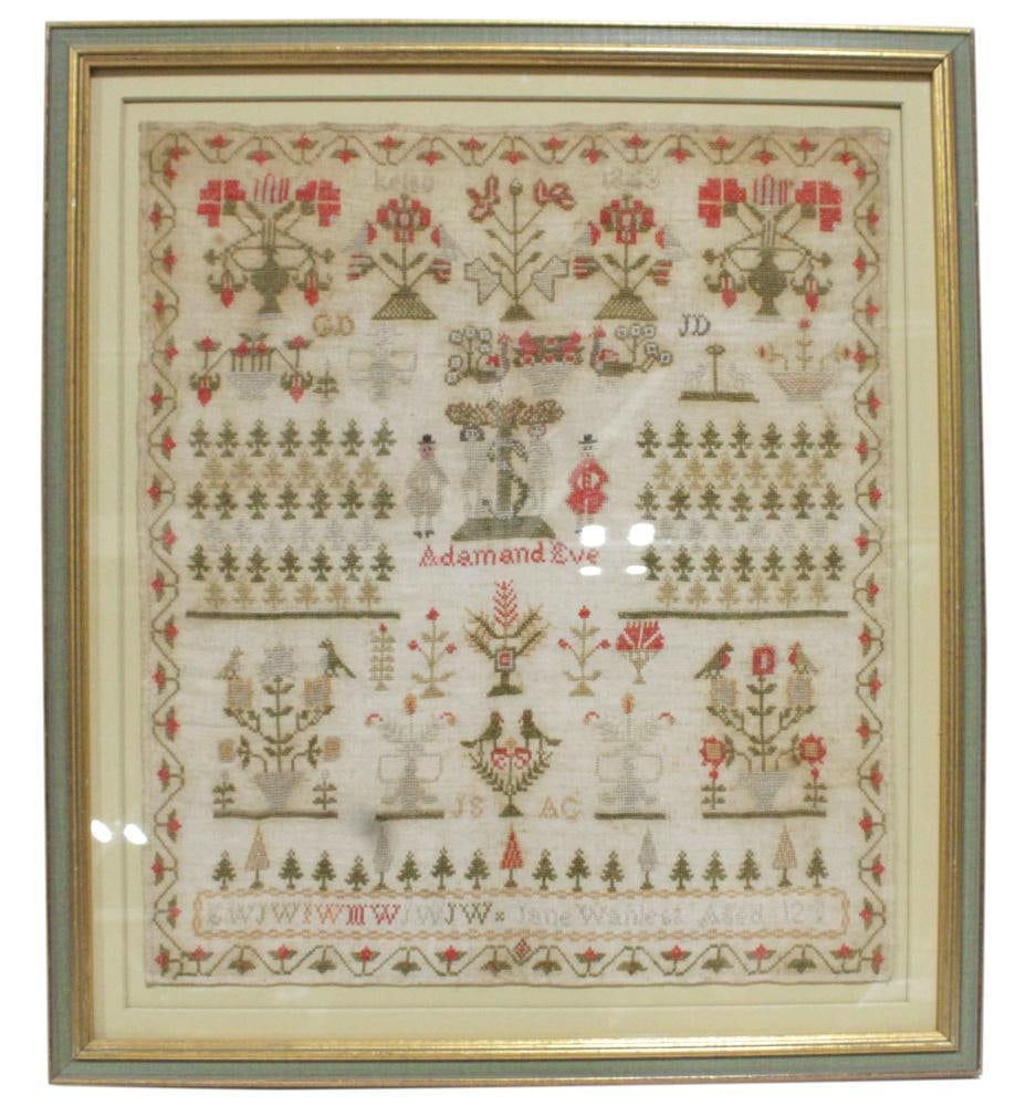 Cross-Stitch Sampler, Adam and Eve Motif: Cross-stitch sampler, Adam and Eve motif, with Algerian eyelets, satin stitch, and back stitch, 20" x 17", framed 23" x 20". Provenance: Estate of Dalia Zikas, Melrose, Massachusetts.