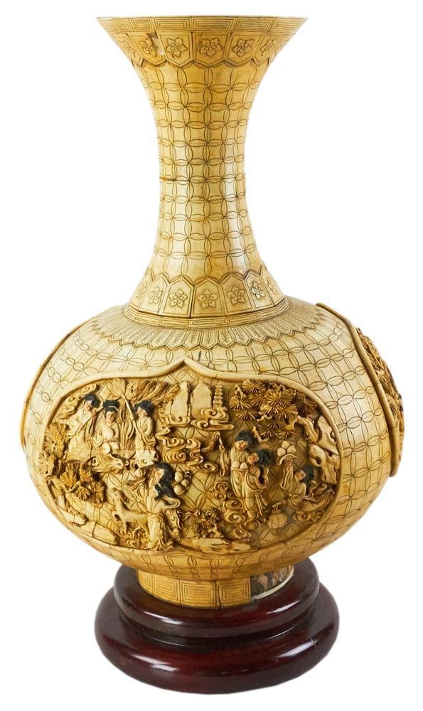 Antique Chinese Carved Bone Bulbous Vase: Antique Chinese carved bone bulbous vase, 25" x 16". Provenance: Southern Connecticut collection.