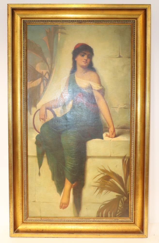 19thC Portrait of Young Girl with Tambourine: 19th century portrait of a young girl with tambourine, oil on canvas, 39" x 20", framed 47" x 27". Provenance: Southern Connecticut collection.