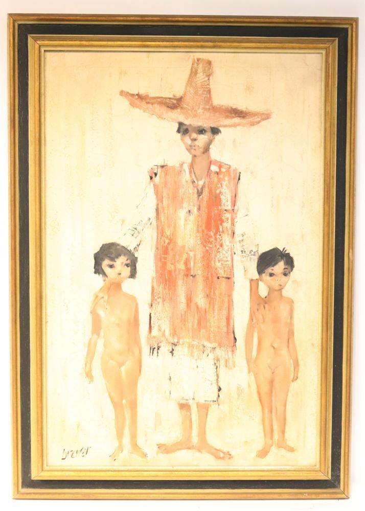 Brewer, Boy with Straw Hat and Children: Brewer, boy with straw hat and children, oil on canvas, signed, 35" x 23", framed 41" x 29". Provenance: Southern Connecticut collection.