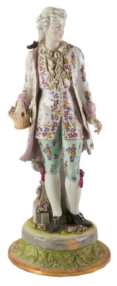 French Porcelain Standing Figure: French porcelain standing figure, 24" x 10". Provenance: Southern Connecticut collection.