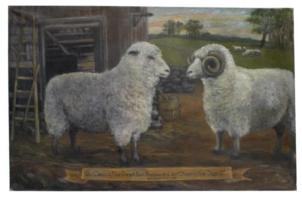 Prize Ram and Ewe in Barnyard, Oil on Canvas (1 of 4)