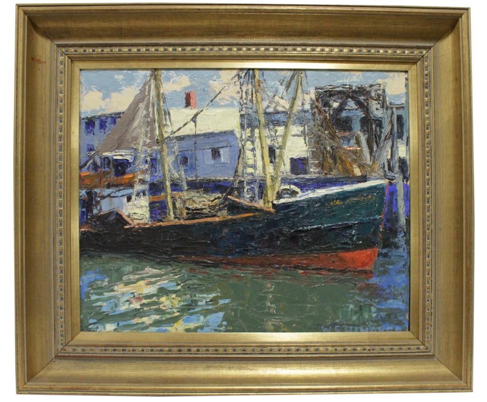 Harbor Scene with Docked Boats, Oil on Board: Harbor scene with docked boats and buildings, oil on board, unsigned, 16" x 19", in gold tone ornate frame 23" x 27". Provenance: Estate of Dalia Zikas, Melrose, Massachusetts.