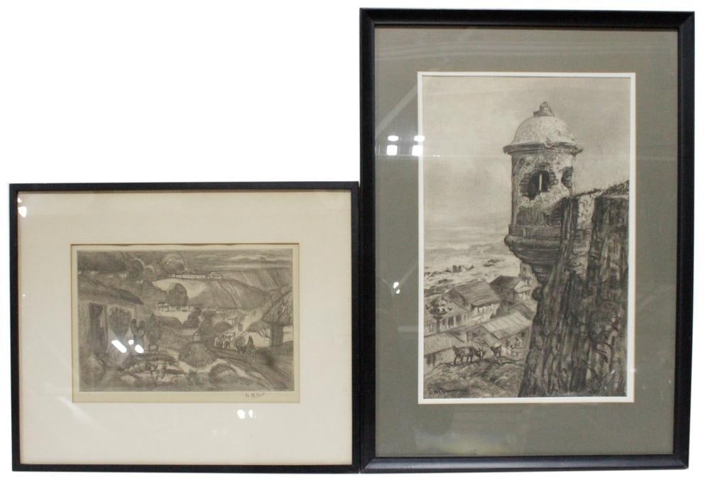 Two Charcoal Drawings, Watch Tower, Village Landscape (1 of 6)