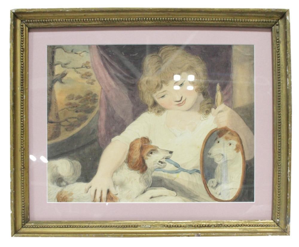 19thC, Young Girl With Dog, Watercolor (1 of 3)
