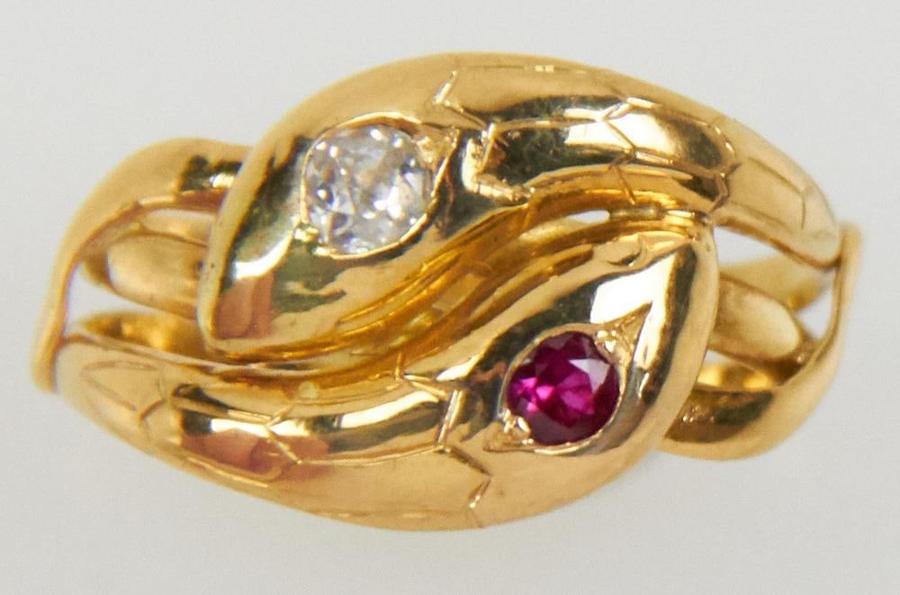 Ladies' 18k Yellow Gold Snake Ring with Diamond and Ruby (1 of 9)