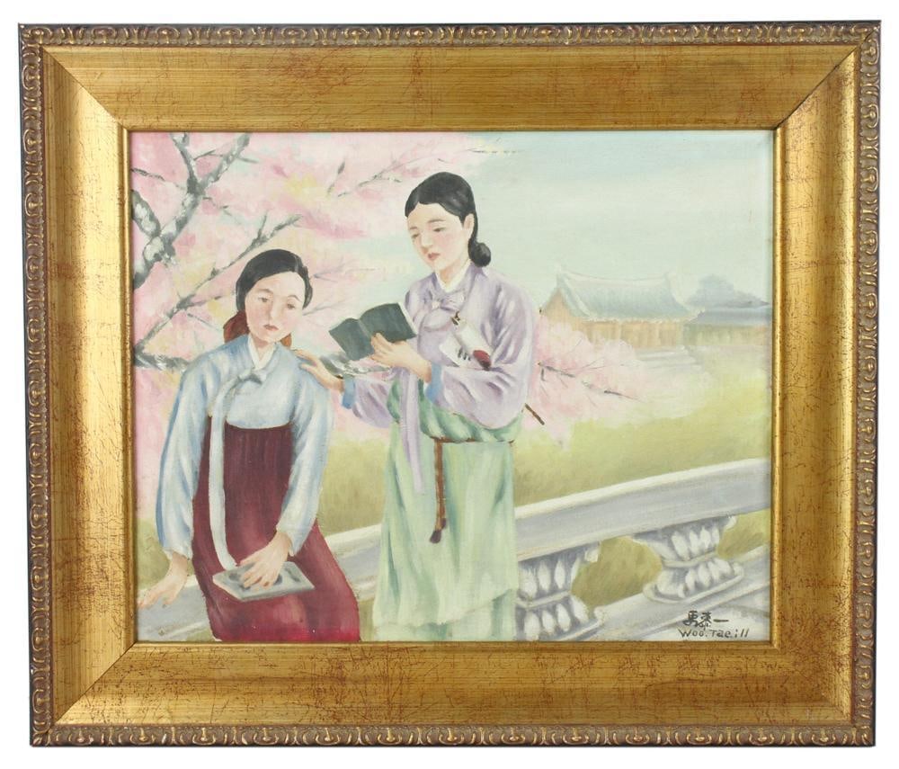 Woo Tae Ill Two Women, Oil on Canvas: Woo Tae Ill, two women, oil on canvas, signed L/R, 16" x 20", framed 22" x 26". Provenance: Saint Petersburg, Florida collection.