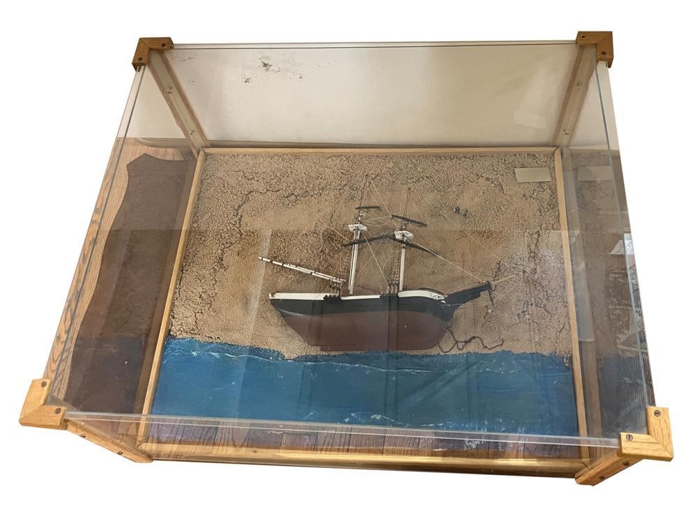 Cased Shipwreck, by Mitchell Comins: Cased shipwreck 1870, made in 2006 by Mitchell Comins of Swampscott, Massachusetts, scale 1:96, with case 10 1/2" H x 24" W x 20" D. Provenance: Newton, Massachusetts collection.