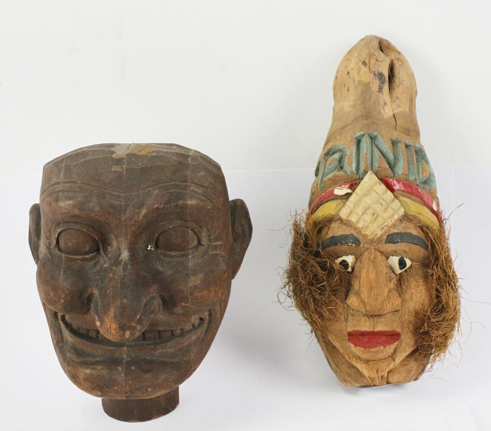 Coconut Head and Folk Art Head: Coconut head and Folk Art head, lot of (2), 8" x 4". Provenance: Methuen, Massachusetts estate.