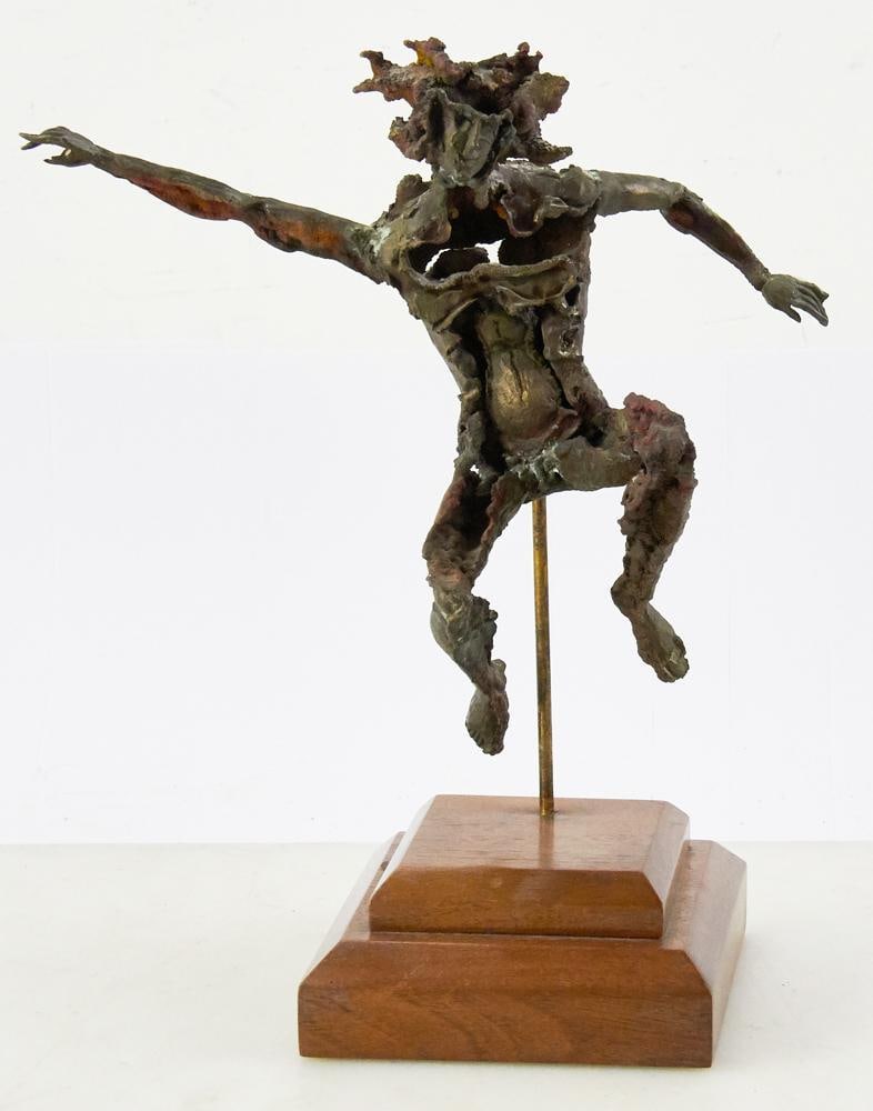 Taki, Leaping Male, Cast Bronze Sculpture: Taki, leaping male, cast bronze sculpture, patinated dark red-brown, unsigned, circa 1970, 10 1/2 H mounted. Provenance: from a private collector in Princeton, New Jersey.