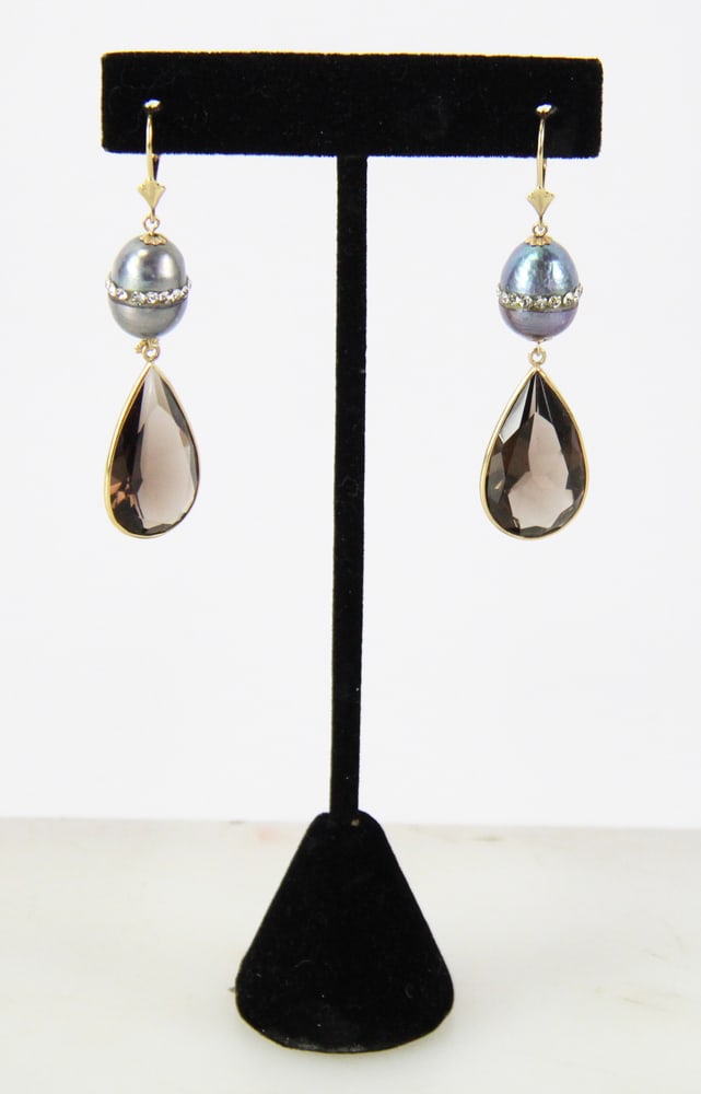 Pair of 14k Gold Smoky Topaz Drops, South Sea Pearls: Pair of ladies' 14k gold smoky topaz drops and South Sea pearls. Provenance: Swampscott, Massachusetts collection. PLEASE NOTE: payment for silver, gold, jewelry, and coins must be made via wire trans