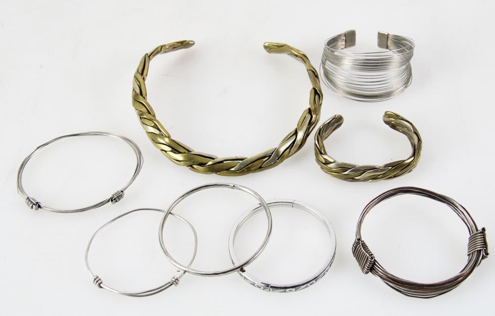 Sterling and Non-silver Bracelets and Necklace: Sterling and non-silver bracelets and necklace. (3) sterling bracelets approximately 1.57 troy oz TW. Provenance: Palm Beach, Florida estate. PLEASE NOTE: payment for silver, gold, jewelry, and coins