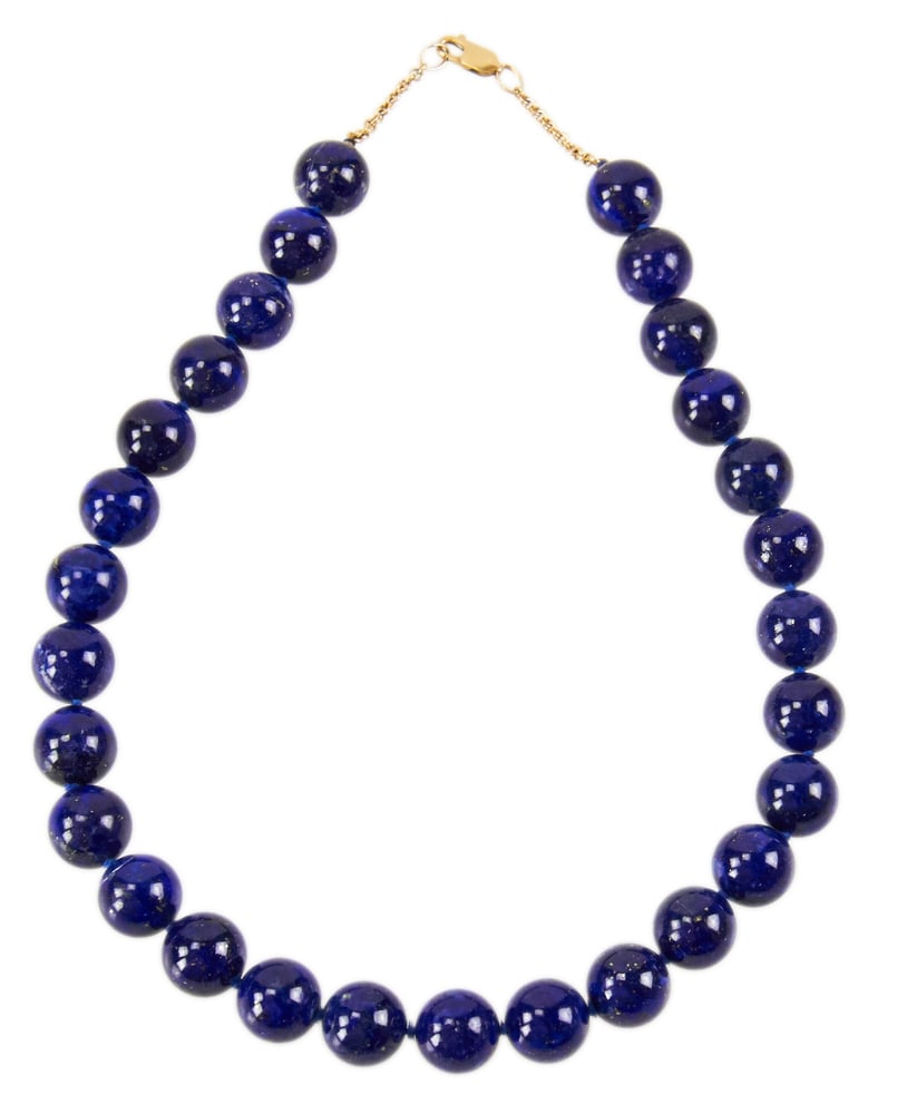 Lapis Necklace with 14k Gold Clasp: Lapis necklace with 14k gold clasp, 16" L. Provenance: Swampscott, Massachusetts collection. PLEASE NOTE: payment for silver, gold, jewelry, and coins must be made via wire transfer, cash, or