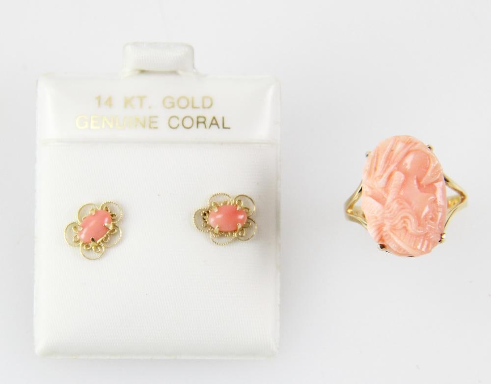 14k Yellow Gold Coral Ring and Coral Earrings: 14k yellow gold jewelry, to include: coral ring, size 7; pair of coral earrings. Approximately 5.13 grams TW. Provenance: Nahant, Massachusetts collection. PLEASE NOTE: payment for silver, gold, jewel