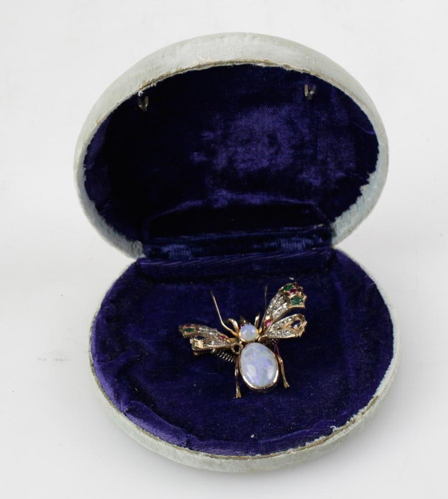 14k Gold Bee Pin with Opal, Gemstones: 14k gold bee pin having large opal, emerald, ruby, sapphires, diamonds. Approximately 21 grams TW. Provenance: From a Miami Beach, Florida estate. PLEASE NOTE: payment for silver, gold, jewelry, and c