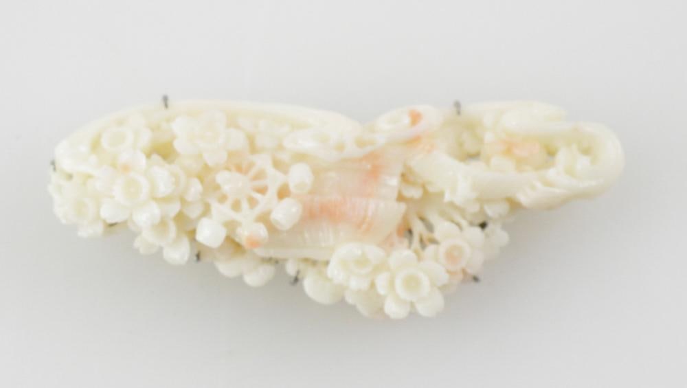 Coral Pin: Coral pin, 2 1/2" L. Provenance: Boston, Massachusetts estate collection. PLEASE NOTE: payment for silver, gold, jewelry, and coins must be made via wire transfer, cash, or certified bank check ONLY.