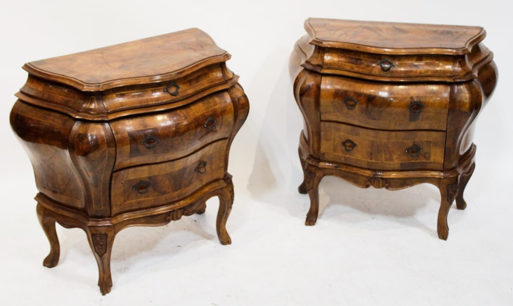 Pair of Italian Bombe Chests: Pair of Italian bombe chests, 27 1/2" H x 29" W x 15" D. Provenance: Purchase, New York collection.