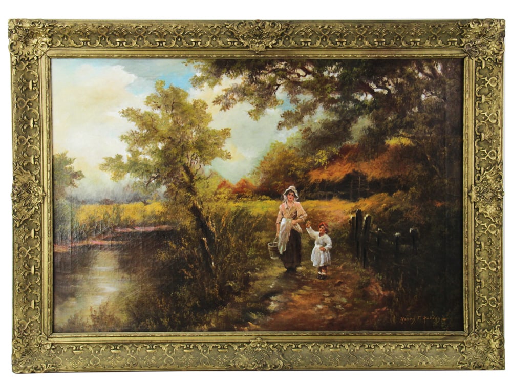 Henry T. Harvey, Mother and Child by River, Oil on Canvas: Henry T. Harvey, mother and child by the river, oil on canvas, signed L/R, 24" x 36", framed 30" x 42". Provenance: South Hamilton, Massachusetts collection.