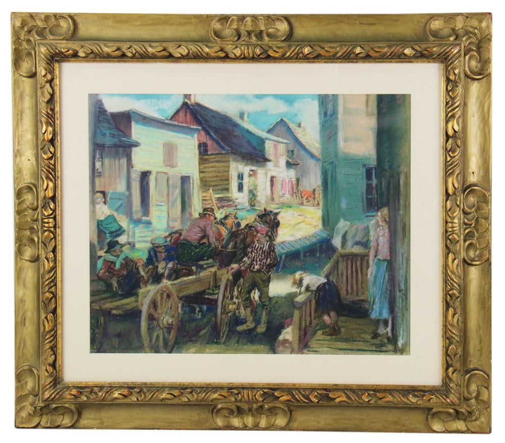 George Hand Wright, Village Scene, Pastel: George Hand Wright (1872-1951), "Village Scene", pastel, signed L/R, info verso, 16 3/4" x 21" (sight), in gilt frame 27 1/4" x 31 1/4". Provenance: Estate of Dalia Zikas of Melrose, Massachusetts.