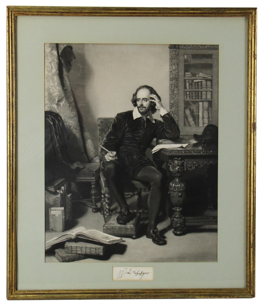 William Shakespeare, Lithograph: William Shakespeare, lithograph, 18 1/2" x 15" (sight), in gilt frame 25" x 21 1/4". Small tear U/R. Provenance: Estate of Dalia Zikas of Melrose, Massachusetts.