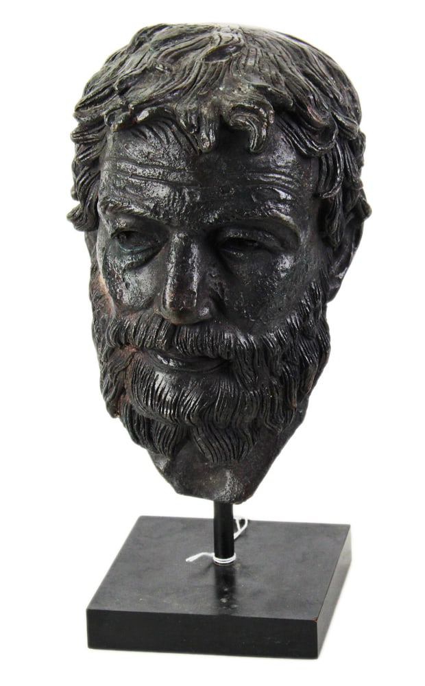20thC Bronze Head of Man on Stand: 20th century bronze head of man on stand, 15" H. Good condition. Provenance: Estate of Dalia Zikas of Melrose, Massachusetts.
