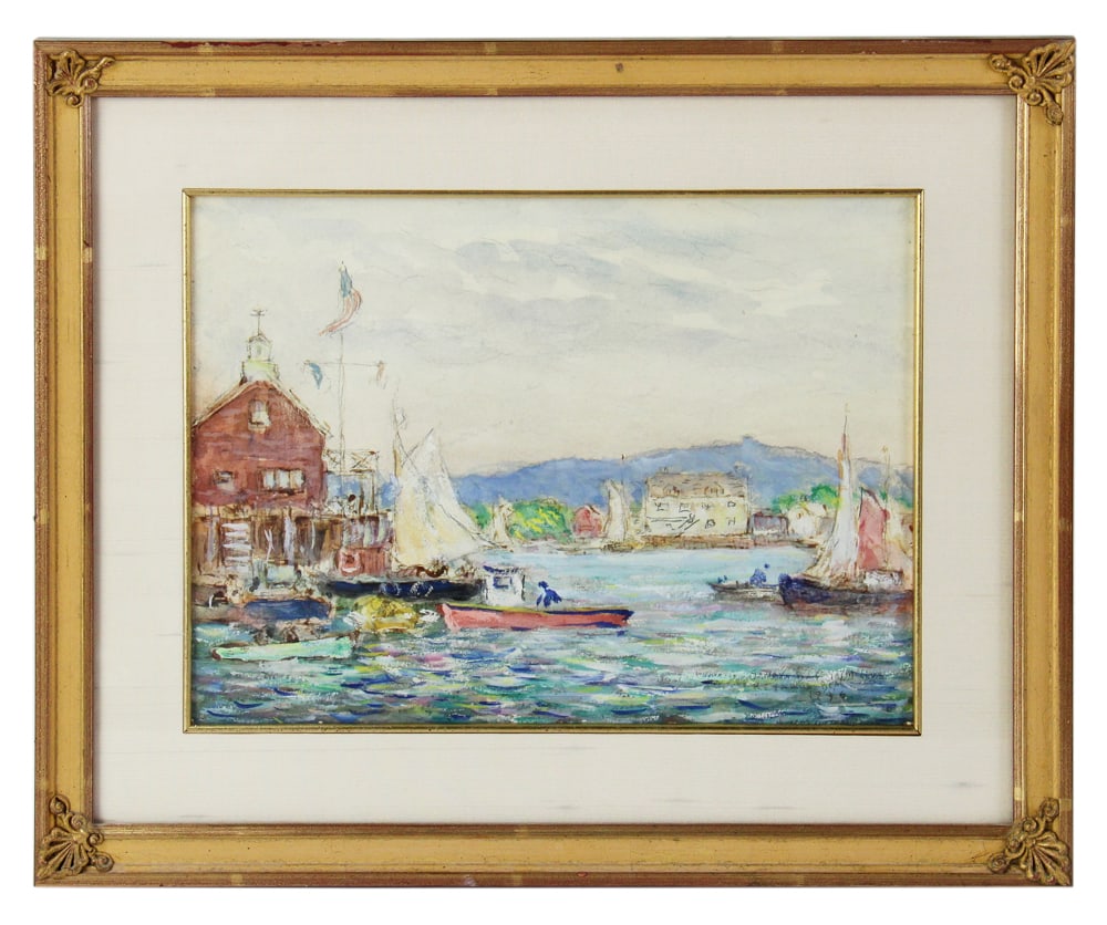 Reynolds Beal Signed Painting, Sandy Bay Yacht Club: Reynolds Beal, "Sandy Bay Yacht Club", Rockport, pastel/watercolor, titled, signed, and dated 1936 L/R, 10" x 13", framed 15" x 19". Provenance: St. Petersburg, Florida collection. PLEASE NOTE: On