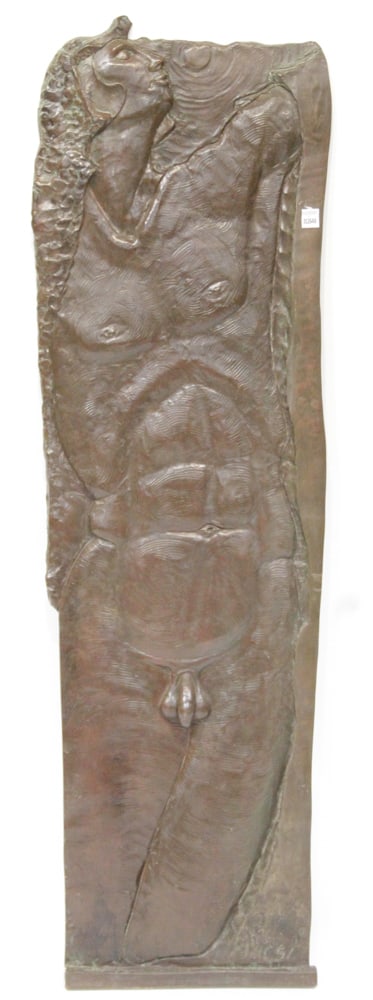 Contemporary Bronze Plaque of Nude: Contemporary bronze plaque of a nude, signed Bacsi L/R and dated 1991, 54" x 15 1/2". Provenance: Palm Beach, Florida estate.