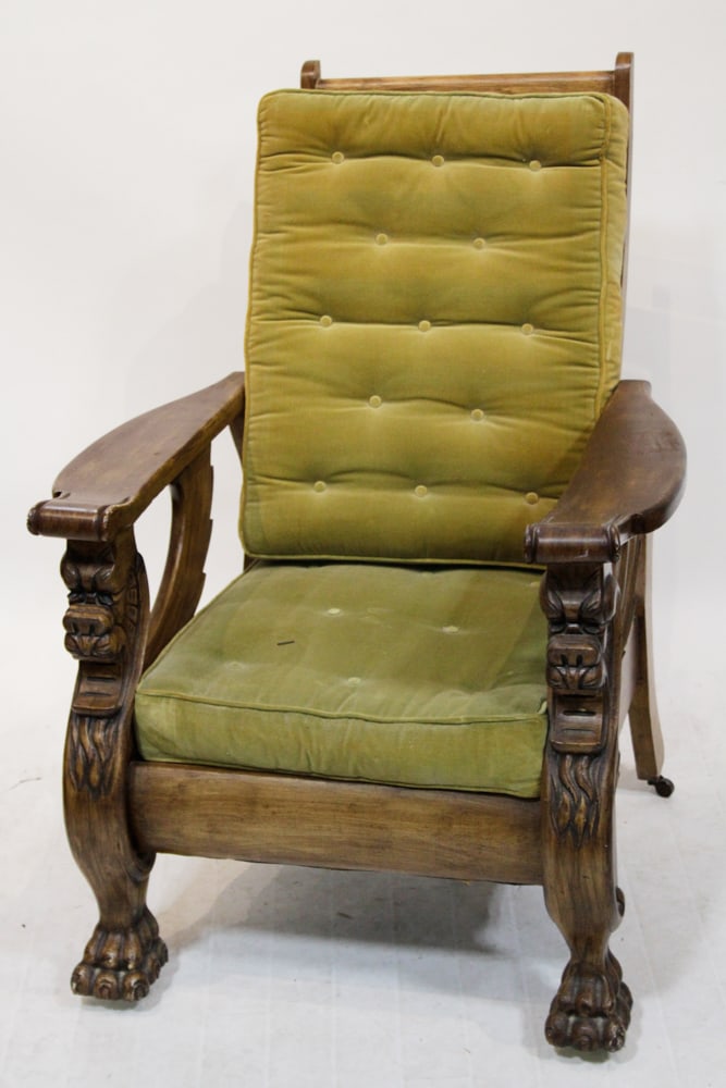 Lion Head Morris Chair: Lion head Morris chair, 42" H x 32" W x 31" D. Provenance: Purchase, New York collection.