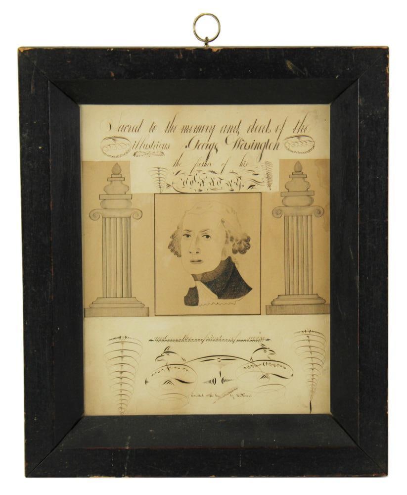 19thC Calligraphy Dedication and Ink Drawing, George Washington (1 of 5)