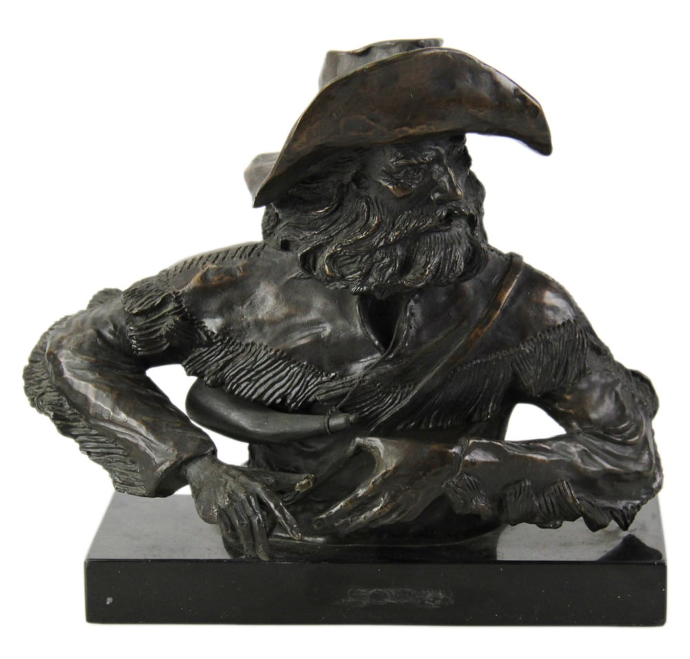 Bronze of Frontiersman Signed T. Karselis: Bronze of frontiersman, signed T. Karselis and dated 1979, editioned 15/36, black marble base, 11 1/4" H, base 11" x 5". Missing rifle. Provenance: Estate of Dalia Zikas of Melrose, Massachusetts.