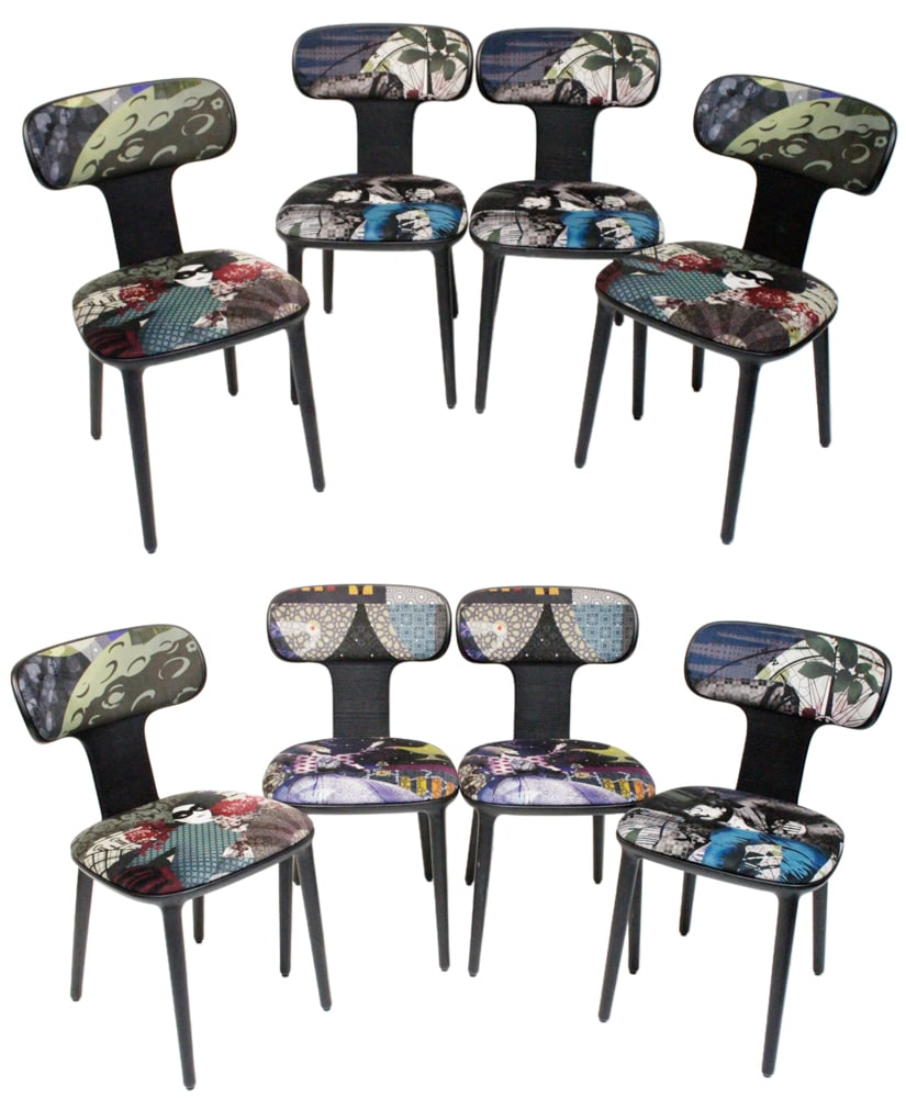 Roche Bobois Dining Chairs, "Globe Trotter La Parisienne": Set of (8) Roche Bobois dining chairs, "Globe Trotter La Parisienne" by Marcel Wanders, 31 1/2" H x 16" x 17". Provenance: West Palm Beach, Florida collection.