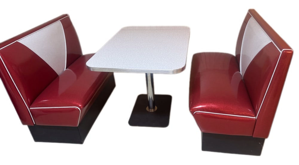 Retro-style Diner Booth, Table with Benches: Retro-style diner booth set, with a white laminate table, and red and white vinyl benches, table 42" x 29" x 1" with cast iron base, two benches 36" x 43" x 18". Provenance: Danvers, Massachusetts