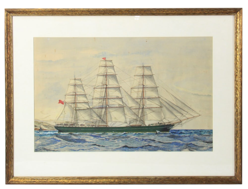 Ship Under Full Sail, Flying English Flag, Watercolor (1 of 6)