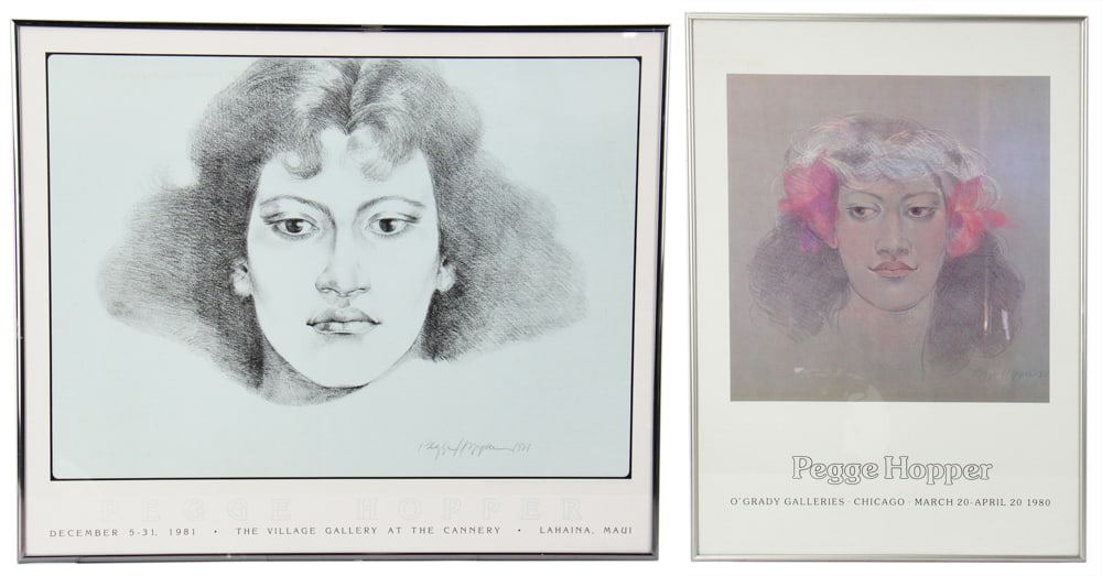Two Gallery Posters for Pegge Hopper: Two gallery posters for Pegge Hopper, larger 30" x 22" overall. Provenance: West Palm Beach, Florida collection.