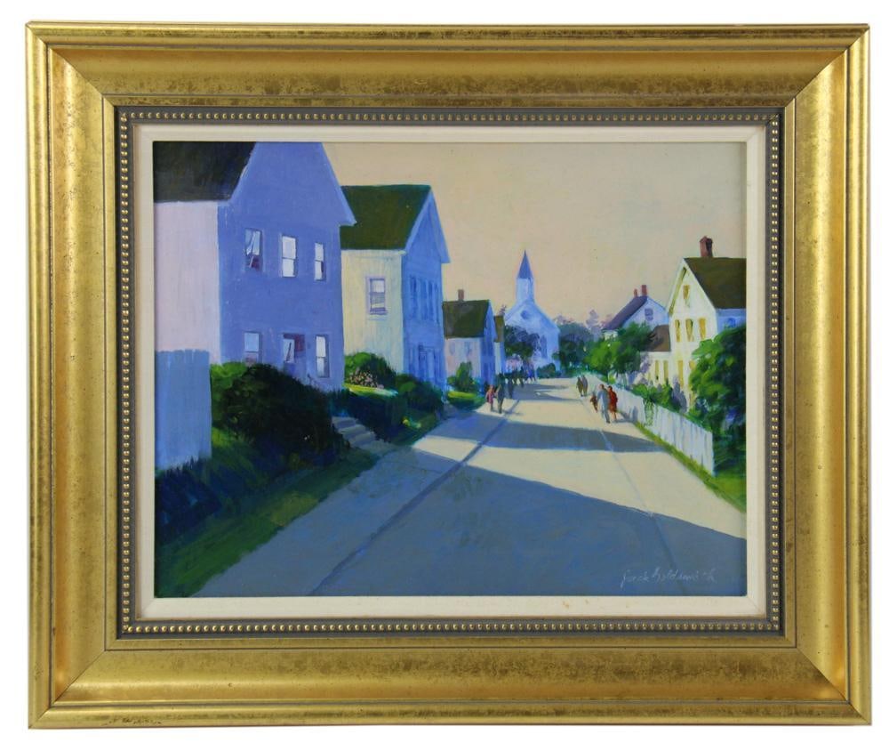 Jack Goldsmith, "Sunday Morning", Acrylic on Board: Jack Goldsmith, "Sunday Morning", acrylic on board, signed L/R, info verso, gallery label verso, 14" x 18", in gilt frame 20 1/2" x 24 1/2". Provenance: Estate of Dalia Zikas of Melrose, Massachusetts