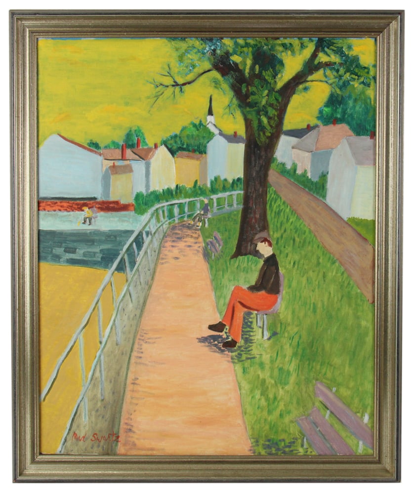Max Swartz, Man on Park Bench, Oil on Canvas: Max Swartz (American, 1920-2001), man on park bench, oil on canvas, signed L/L, 31" x 25 1/2", framed 35" x 29". Provenance: Estate of Dalia Zikas of Melrose, Massachusetts.