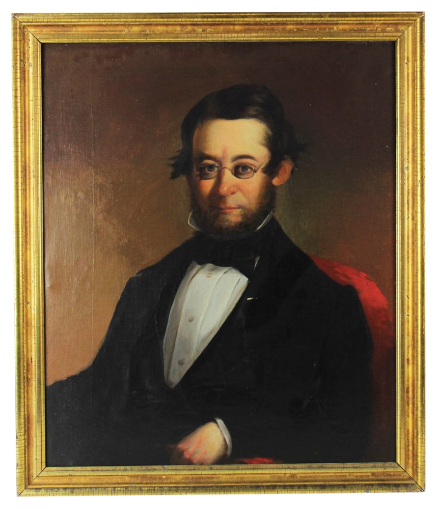 19thC Portrait of a Gentleman with Spectacles, Oil on Canvas: 19th century portrait of a gentleman with spectacles, oil on canvas, 30" x 25", framed 33" x 28 1/4". Provenance: Estate of Dalia Zikas of Melrose, Massachusetts.