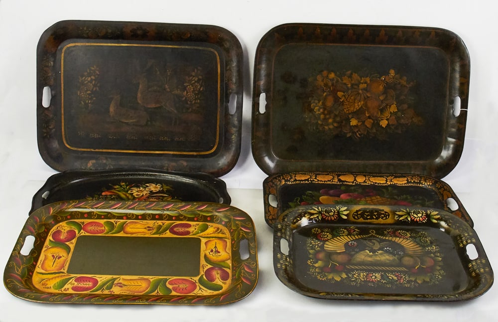 Collection of Painted and Stenciled Toleware Trays: Collection of painted and stenciled toleware trays, (6) total, largest 23 1/2" x 17". Minor wear only. Provenance: Estate of Dalia Zikas of Melrose, Massachusetts.